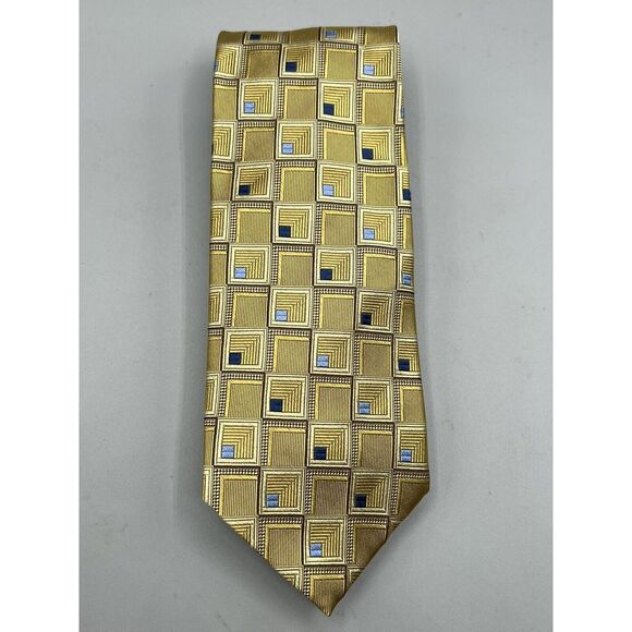Jos A Bank‎ Tie 100% Silk Signature Collection Gold Geometric Squares Italy - Picture 1 of 7